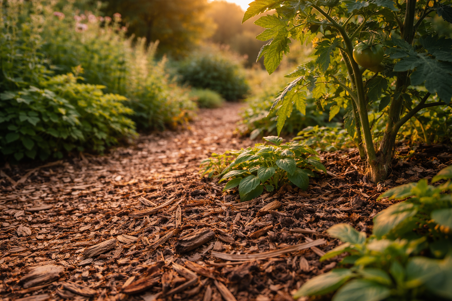 Landschap of tuin in avondlicht