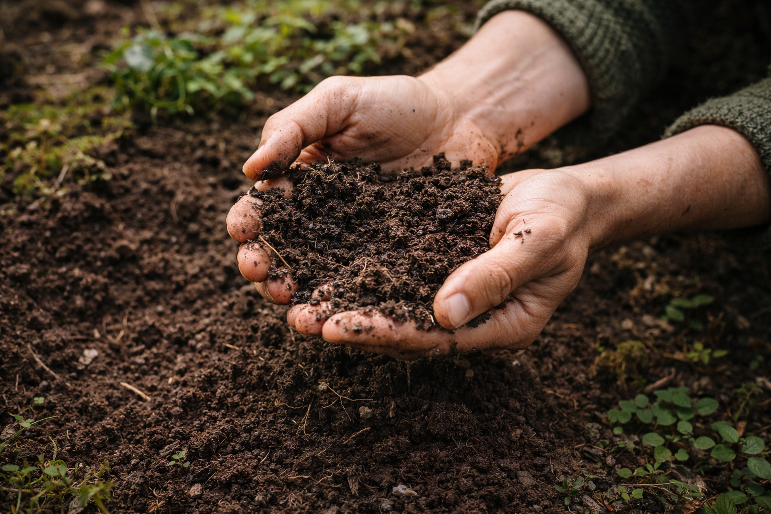 Handen in bodem, textuur en structuur zichtbaar