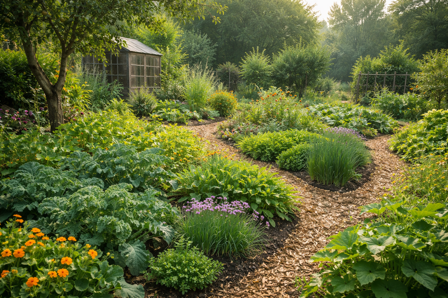 Gelaagde tuin met mulch en diverse plantenlagen