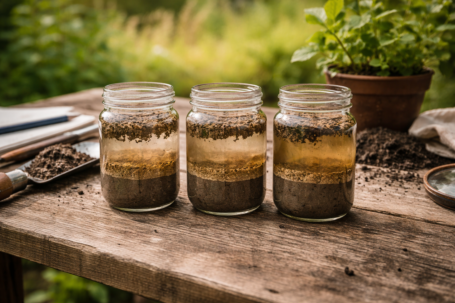 Glazen potten met bodemlagen