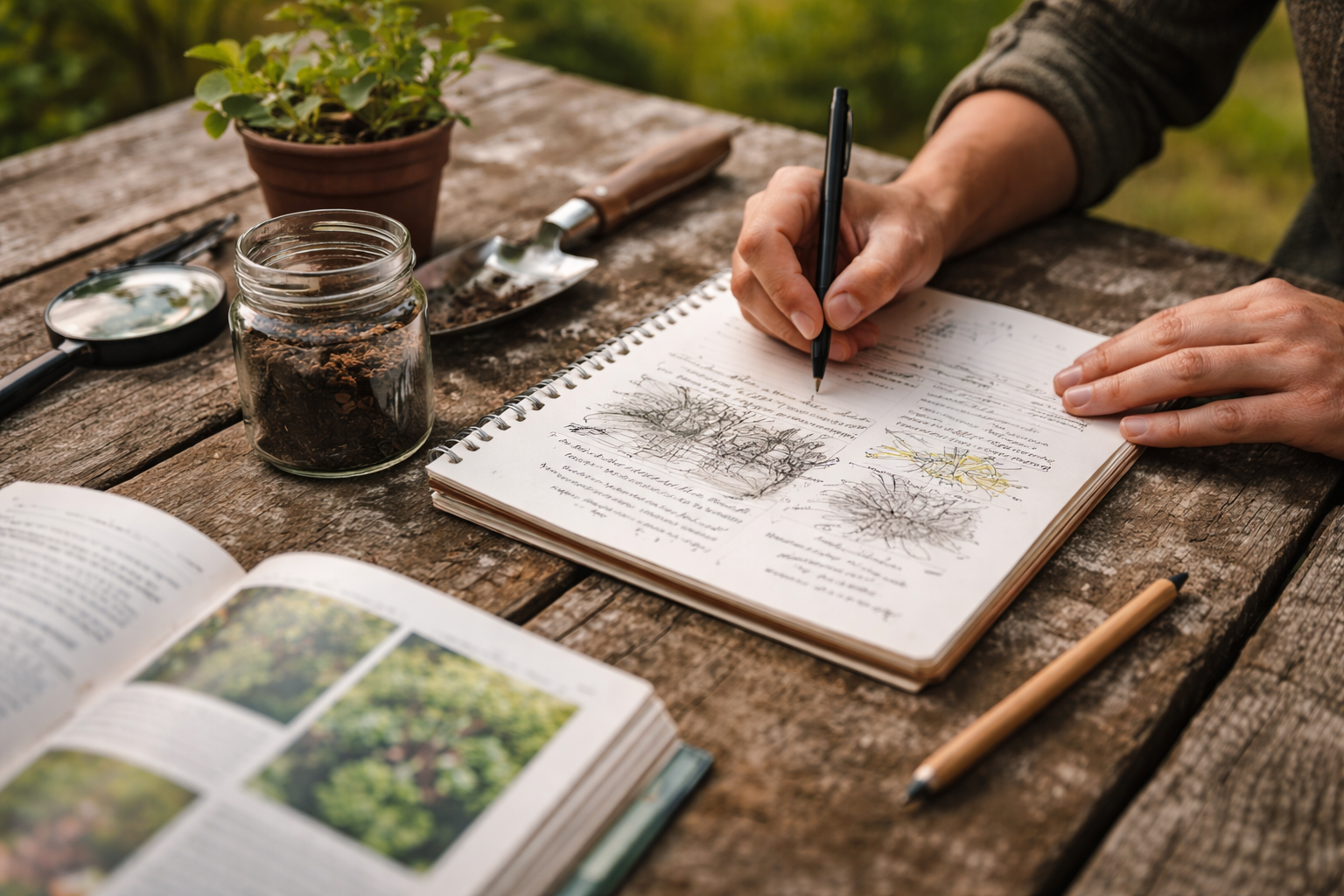 Handen met schetsboek en potje aarde